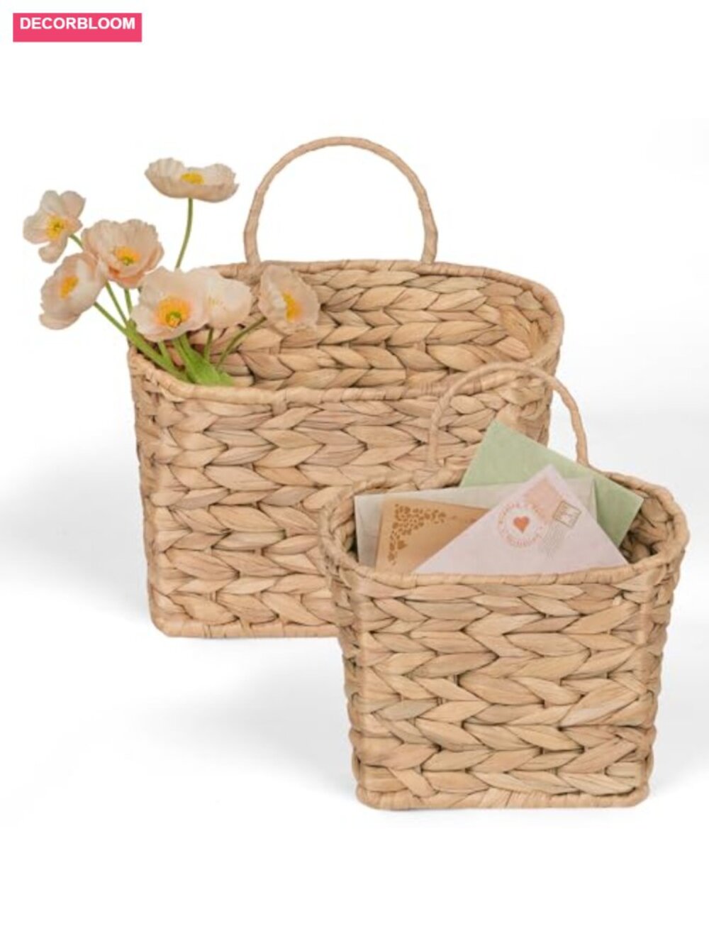 Set of 2 Hanging Wicker Wall Baskets, Natural Water Hyacinth Storage & Decor